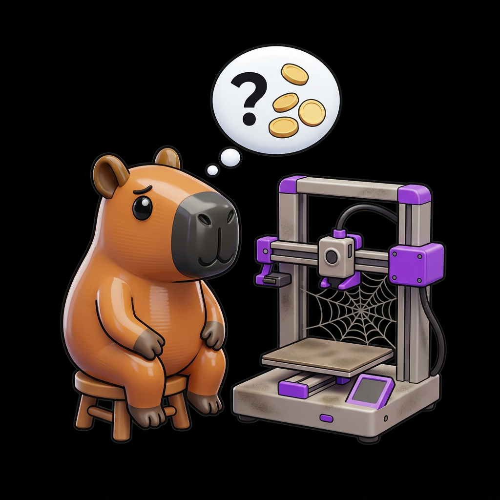 Capivara pensando em lucro ao lado de uma impressora 3D